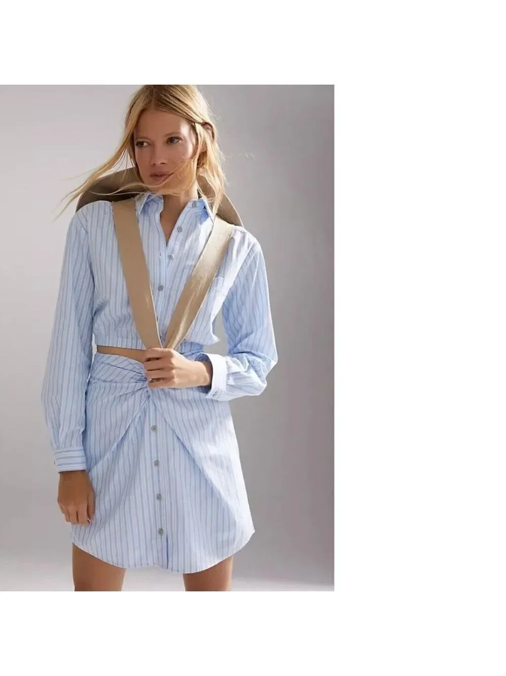 NEW Maeve Anthropologie Two Piece Shirt and Skirt Set Blue White Stripe Size 12
